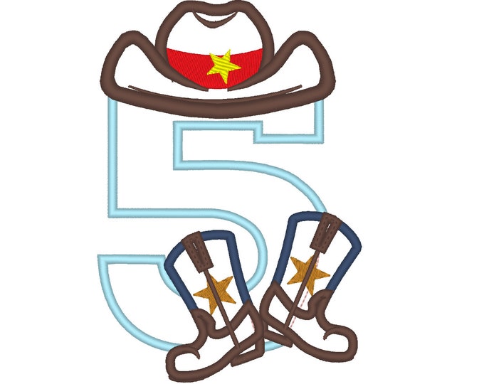 Cowboy Birthday number FIVE 5 kicking boots number 5 machine embroidery applique designs for hoop 5x7, sizes 5 and 6 inches INSTANT DOWNLOAD