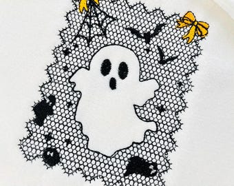 Halloween Ghost Lace effect Bats Spider Web Bow Cute Ghost machine embroidery designs sizes 4 up to 7 inch kids girls scary spooky design