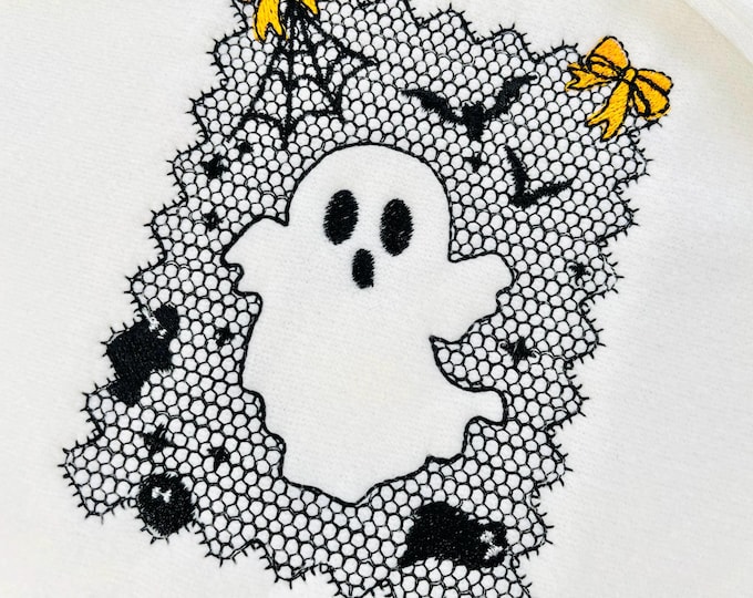 Halloween Ghost Lace effect Bats Spider Web Bow Cute Ghost machine embroidery designs sizes 4 up to 7 inch kids girls scary spooky design