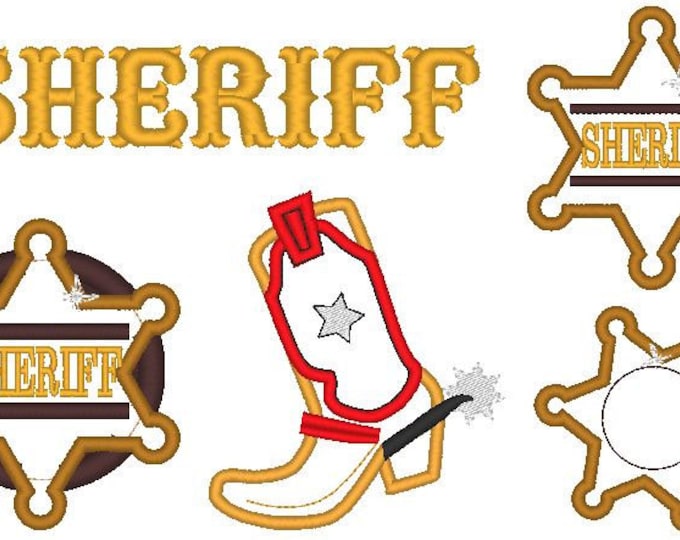 Sheriff Set, Boot and Star Badge Applique machine embroidery designs multiple sizes 3, 4, 5 and 6 inches Sheriff designs for kids boy cowboy