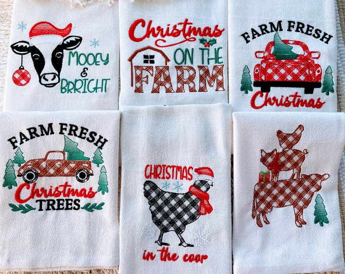 Farm Merry Christmas gingham old fashioned classic Happy Holidays, Joy Kitchen dish towel quotes 6pcs machine embroidery designs 4x4, 5x7