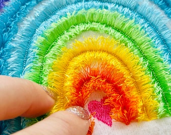 Fringed Rainbow, awesome fluffy Rainbow, fringe in the hoop ITH machine embroidery designs for hoop 4x4, 5x7 kids baby playful funny design