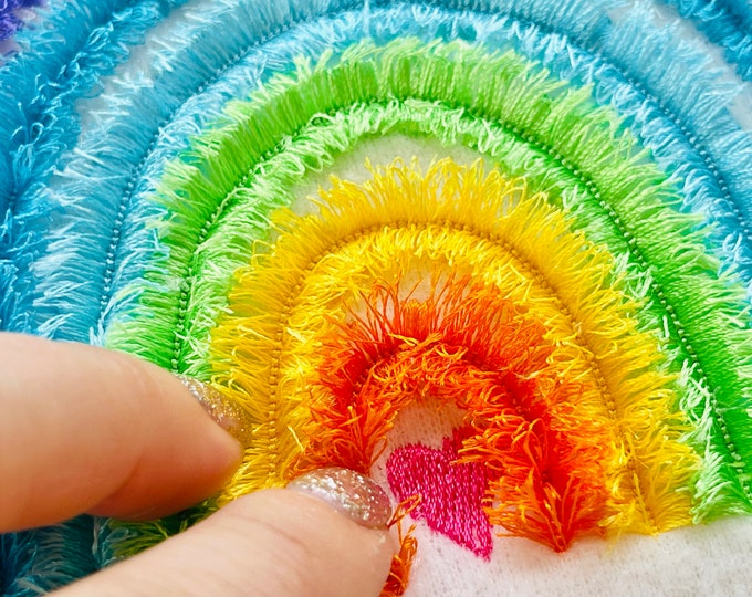 Fringed Rainbow, awesome fluffy Rainbow, fringe in the hoop ITH machine embroidery designs for hoop 4x4, 5x7 kids baby playful funny design