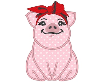 Piggie, pig, adorable pig with bandanna heifer, farm animal girl pig applique machine embroidery designs multiple sizes 4, 5, 6, 7, 8 inches