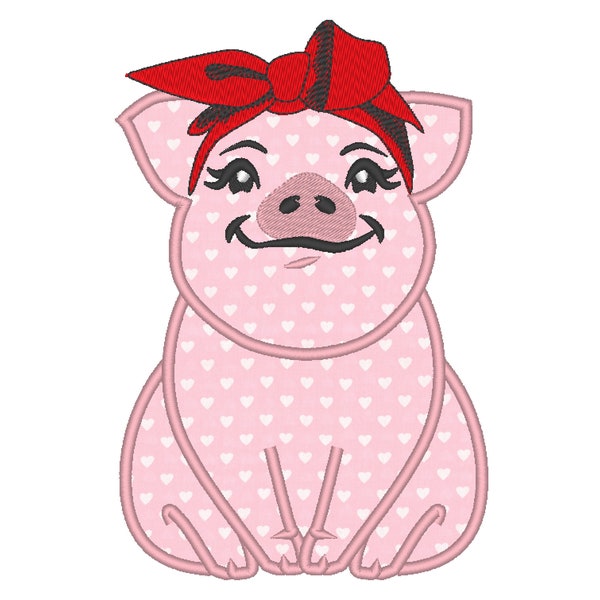 Piggie, pig, adorable pig with bandanna heifer, farm animal girl pig applique machine embroidery designs multiple sizes 4, 5, 6, 7, 8 inches