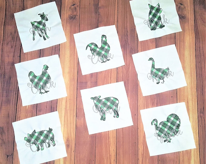 11 Farm Fresh  gingham Plaid, check, square, chequered tartan light stitch farm animals set Kitchen towel machine embroidery designs 4 5 6in