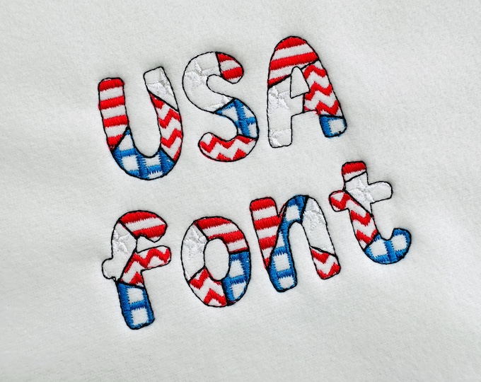 Patchwork USA flag FONT patterned and outline alphabet monogram letters patriotic machine embroidery designs small sizes 0.8 up to 3 inch