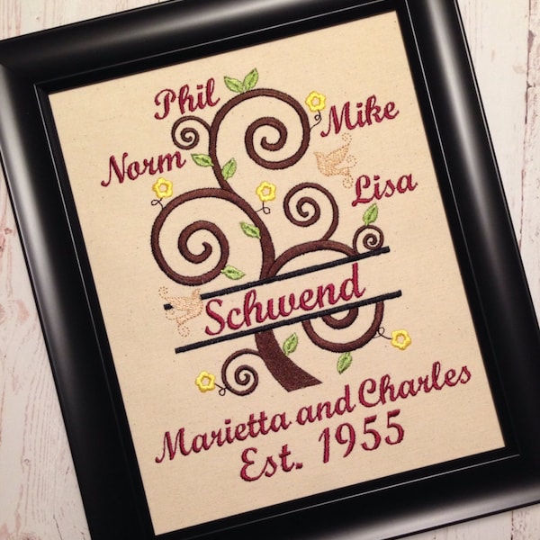 Árbol de la vida, Árbol genealógico, rizado, dividido, Nombres personalizados: ¡diseños de bordado a máquina para aros 5x7, 6x10 y 8x12! conjunto de mini fuentes incluido