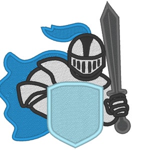 May include: A cartoon knight in silver armor with a blue cape, holding a sword and a light blue shield.