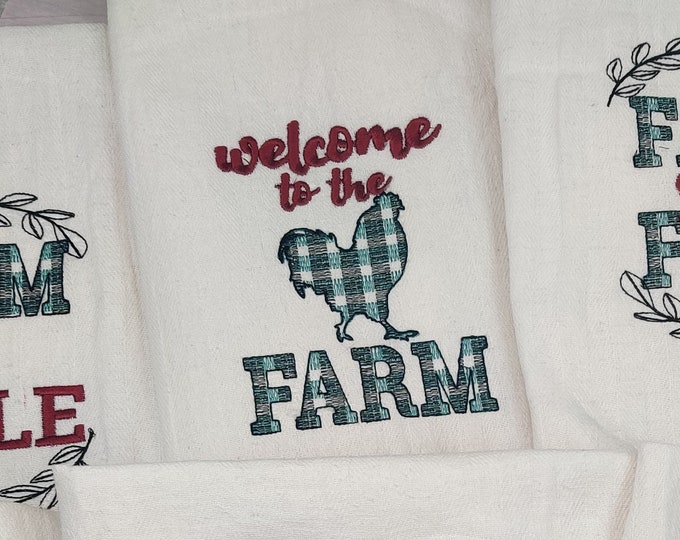 Welcome to the farm - kitchen towel Primitive Farm to table rooster plaid gingham tartan dish kitchen towel quote machine embroidery designs