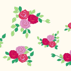 May include: A collection of five embroidered rose bouquets with pink, red, and green leaves. The roses are arranged in different clusters and sizes.