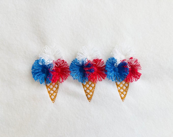 3 MINI Patriotic fringed fluffy ice cream waffle cones 3 in a row machine embroidery designs 4, 4.5 and 5 inches celebrate Independence Day