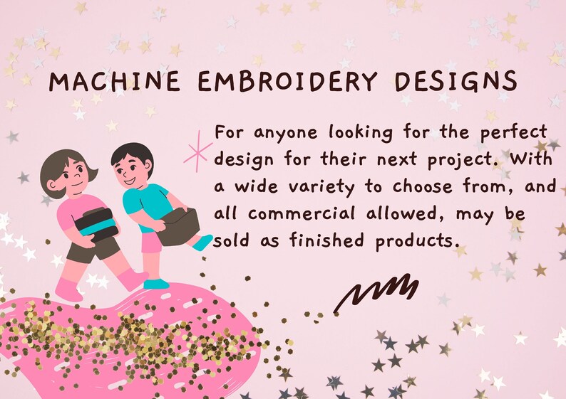 Pu&ograve; includere: Due personaggi dei cartoni animati, una ragazza e un ragazzo, stanno su una nuvola rosa con glitter dorati. Il testo "MACHINE EMBROIDERY DESIGNS" &egrave; in cima all'immagine. Il testo sottostante recita: "Per chiunque cerchi il design perfetto per il suo prossimo progetto. Con una vasta gamma tra cui scegliere, e tutti gli usi commerciali consentiti, possono essere venduti come prodotti finiti."