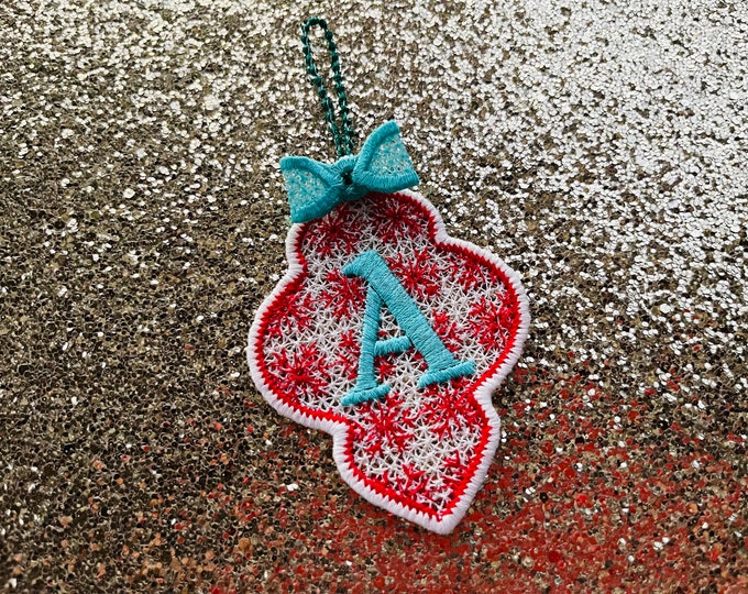 Christmas Alphabet monogram Ornaments and unique hanger bow ribbon FSL free standing lace SET Snowflake machine embroidery designs classic