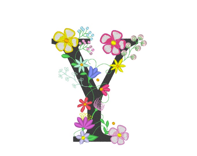 Floral letter Y  garden flag monogram lace swirl flowers block font and mini Font machine embroidery design monogram Y only 4, 5, 6 and 8 in