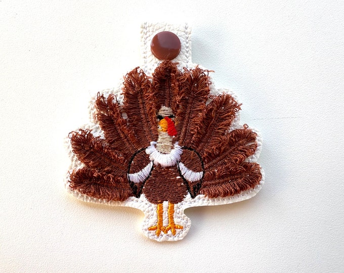 Fringed Turkey eyelet and key fob snap tab in the hoop machine embroidery designs ITH keychain Awesome fluffy fur Thanksgiving backpack tag