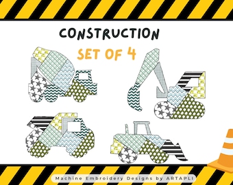 Patchwork Construction Vehicle SET of 4 Tractor Mixer Digger Truck patterned outline boys machine embroidery designs sizes 4 up to 5.5 inch