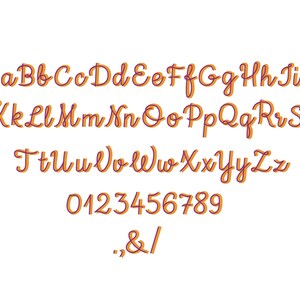 May include: A handwritten font alphabet in orange and purple with a shadow effect. The alphabet includes uppercase and lowercase letters, numbers 0-9, and punctuation marks: comma, ampersand, and forward slash.