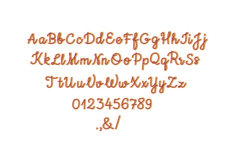 May include: A handwritten font alphabet in orange and purple with a shadow effect. The alphabet includes uppercase and lowercase letters, numbers 0-9, and punctuation marks: comma, ampersand, and forward slash.