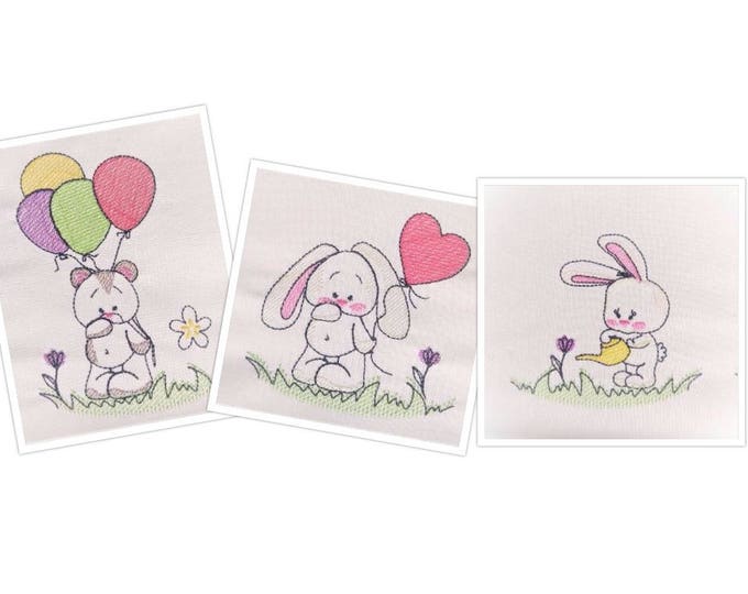 Redwork sketch outline baby nursery machine embroidery designs, SET of 3 baby bunny and teddy bear quick stitch embroidery for hoop 4x4, 5x7
