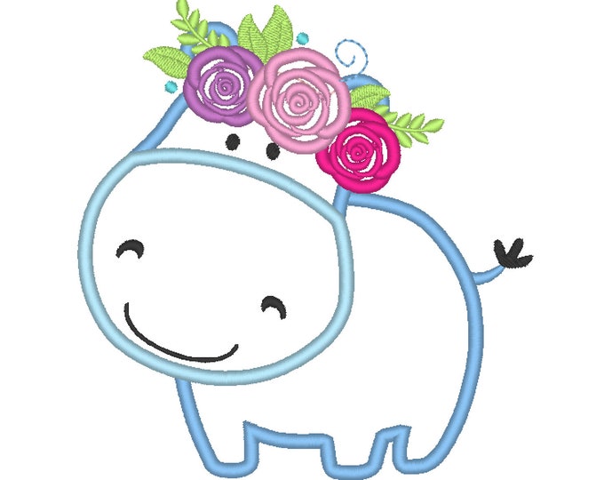 Hippo Baby  with flowers floral crown roses Applique Design Baby Hippo machine embroidery applique designs 4x4 5x7