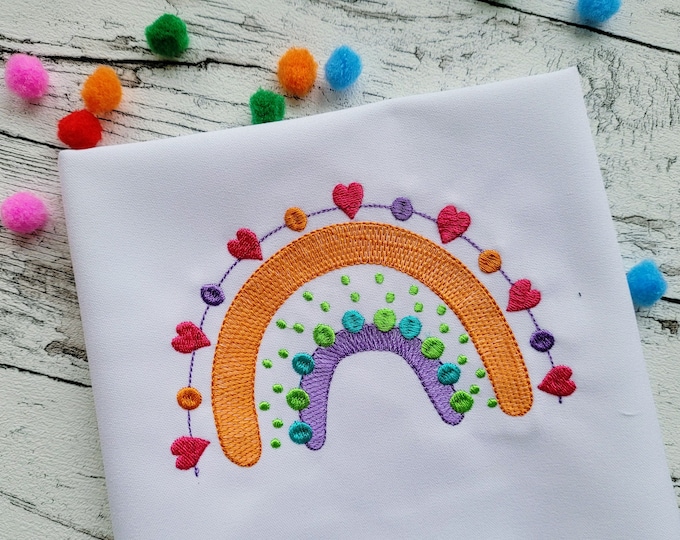 Boho rainbow with pearls and hearts lovely machine embroidery designs in assorted sizes, kids baby girly funny rainbow in light stitch