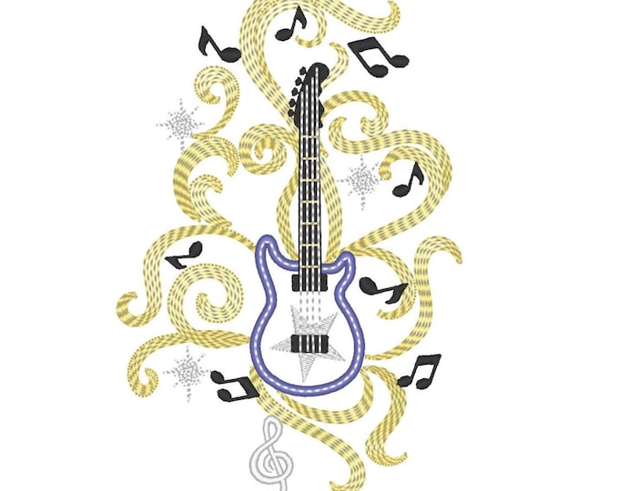 Rock Guitar Applique music notes musician rocking glow in the dark special thread machine embroidery designs size for hoop 5x7