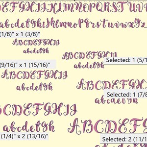 May include: A digital image showing a variety of font styles in pink and purple. The image shows the alphabet in uppercase and lowercase letters. The image also includes the text "Selected: 1 (1/8)" x 1 (3/8)" and "Selected: 1 (9/16)" x 1 (15/16)".
