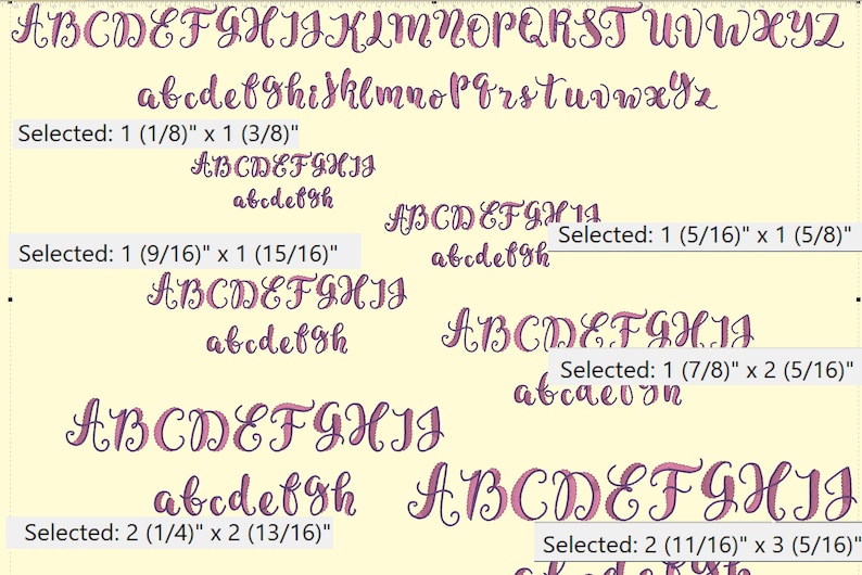May include: A digital image showing a variety of font styles in pink and purple. The image shows the alphabet in uppercase and lowercase letters. The image also includes the text "Selected: 1 (1/8)" x 1 (3/8)" and "Selected: 1 (9/16)" x 1 (15/16)".