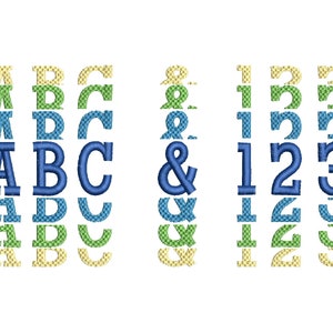 May include: A colourful embroidery design featuring the letters A, B, C, the ampersand symbol, and the numbers 1, 2, and 3. The letters and numbers are stacked vertically in a repeating pattern with a blue, green, and yellow colour scheme.