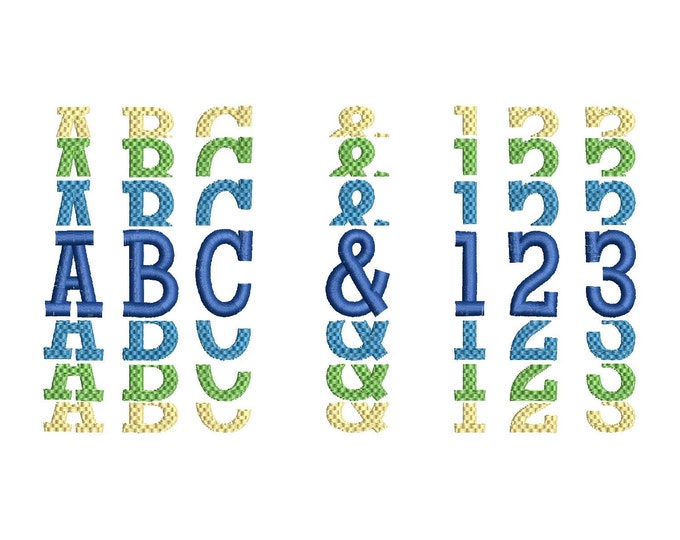 Stacked Font, satin stitch and fill trend alphabet letters, awesome kids name any word machine embroidery designs assorted sizes, BX incl