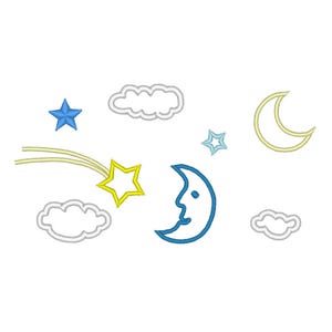May include: An embroidered design featuring a blue crescent moon with a face, stars, clouds, and a shooting star with a yellow star and a yellow trail. The design is on a white background.