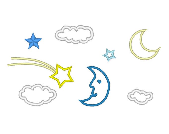 Single Starry Sky element SET moon cloud comet star Applique kids baby accent machine embroidery designs sizes for hoop 4x4, 5x7 and 6x10