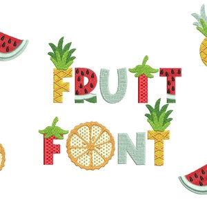 Puede incluir: Un diseño de fuente de fruta colorida con las palabras "FRUIT FONT" deletreadas usando imágenes de rodajas de sandía, piña y naranja.