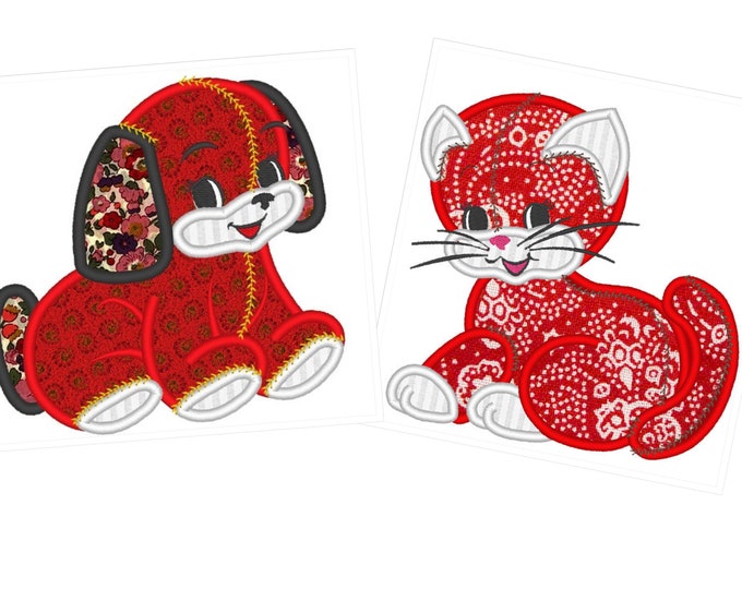 Quilt Raggedy edge applique kitty cat and puppy toy applique machine embroidery designs multiple sizes hoop 4x4, 5x7 and 6x10 kids designs