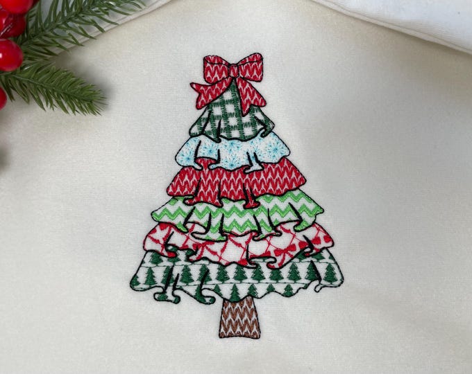 Patchwork Christmas Tree with Bow and Ruffle patterned Pine outline machine embroidery designs many sizes 4 up to 10 inch folk farm design