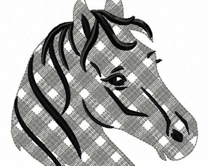 Gingham plaid checkered tartan Horse head light stitch Silhouette Machine embroidery designs for hoop 4x4, 5x7, 6x10 beautiful Horse farm