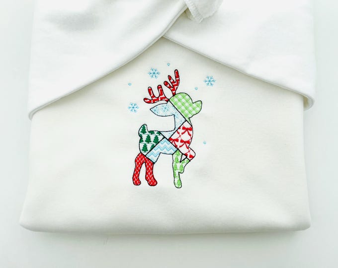 Patchwork Deer Noel Christmas theme cute Reindeer patterned silhouette outline kids baby machine embroidery designs sizes 4 up to 8 inches