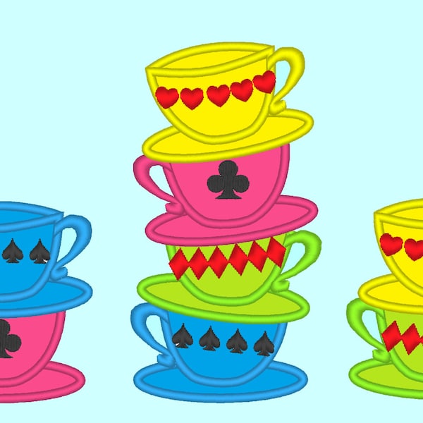 Mad Hatter Tea Party stack of teacups SET of 2 types Applique Machine Embroidery Designs for hoop 4x4 and 5x7 two and four stacked teacups