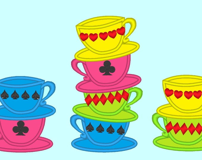 Mad Hatter Tea Party stack of teacups SET of 2 types Applique Machine Embroidery Designs for hoop 4x4 and 5x7 two and four stacked teacups
