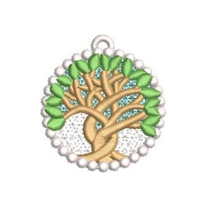 May include: A round, green, brown, and white embroidered patch featuring a stylized tree of life design.