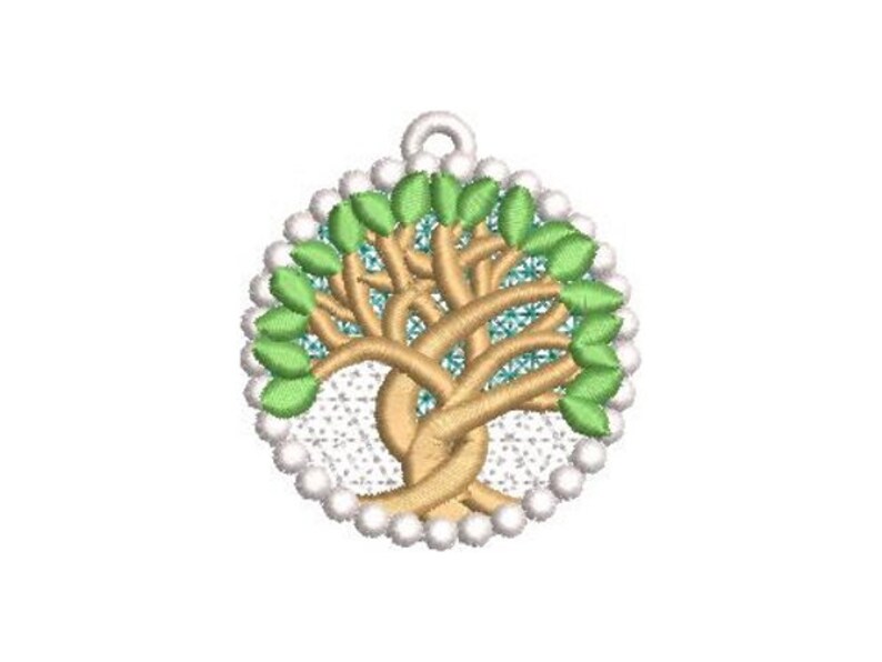 May include: A round, green, brown, and white embroidered patch featuring a stylized tree of life design.