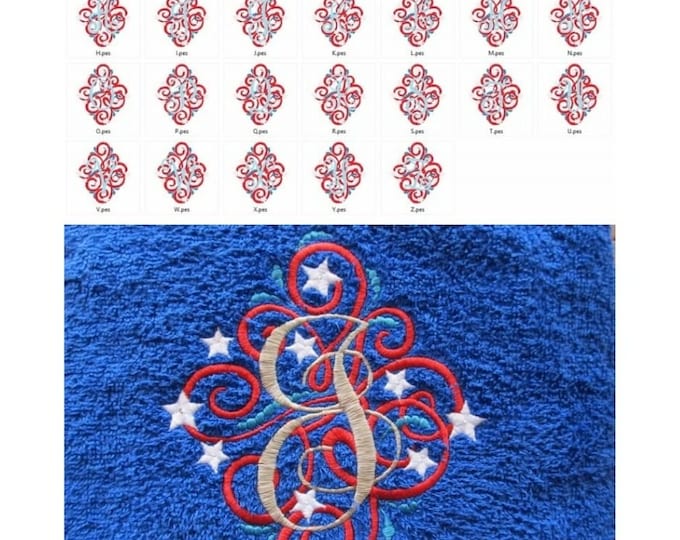 Ornamental swirl and curl Star Monogram whole set A-Z twisted patriotic or wedding machine embroidery designs sizes for hoop 4x4 and 5x7