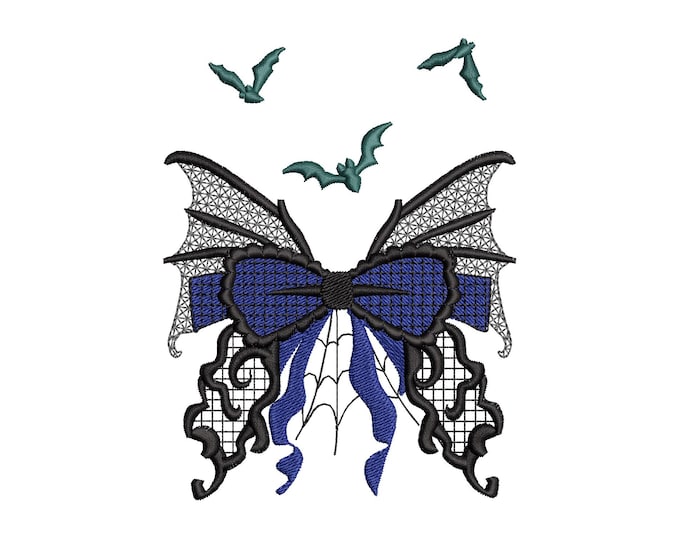 Halloween Bow with flying Bats spider web cobweb spooky Butterfly wings lace effect machine embroidery designs   4, 5, 6, 7 in sweatshirt