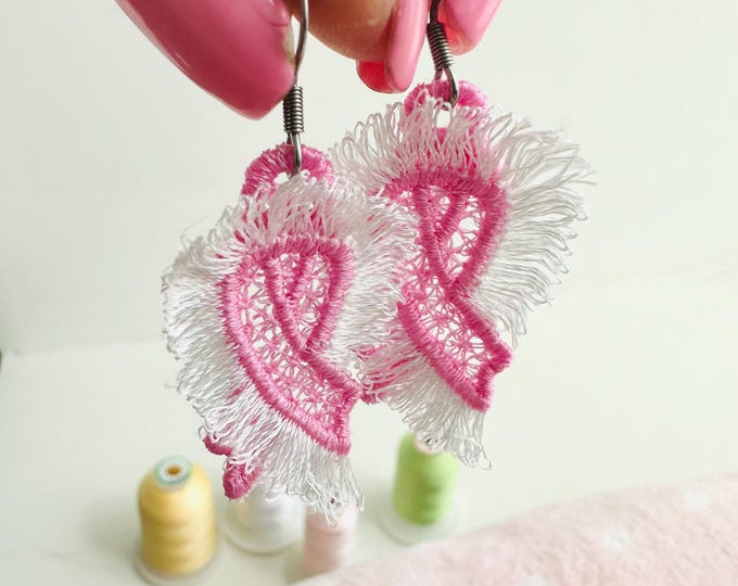Fringed fluffy Pink Ribbon earrings FSL freestanding lace machine embroidery designs Cancer Ribbon meaningful charm pendant in the hoop