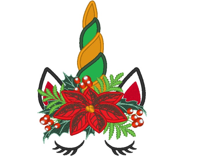 Christmas Unicorn head with floral crown applique machine embroidery designs unicorn face with snowflakes Merry Christmas