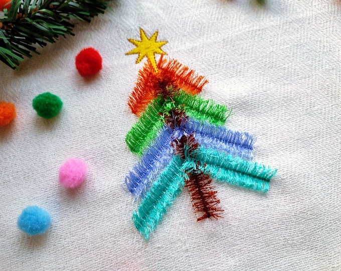 Fringed fluffy Christmas tree, cute awesome colorful fluffy spruce for kids ITH in the hoop machine embroidery designs in assorted sizes