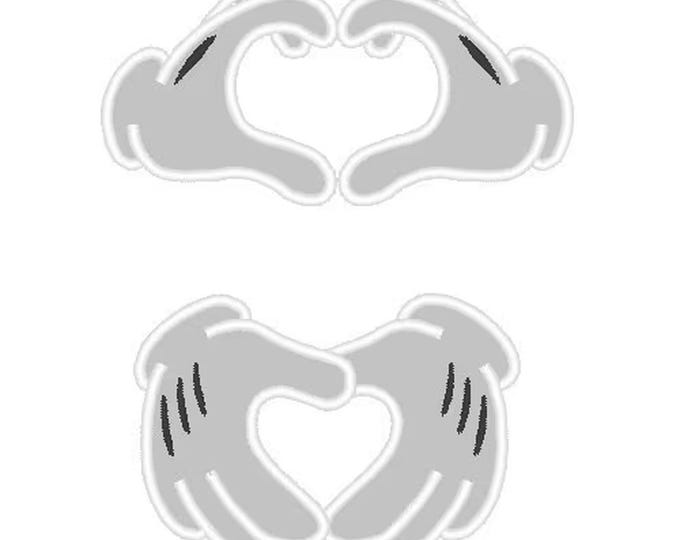 Magic Miss and Mister Mouse Hand Heart 2 types Applique and fill stitch machine embroidery designs assorted sizes Valentines Day design