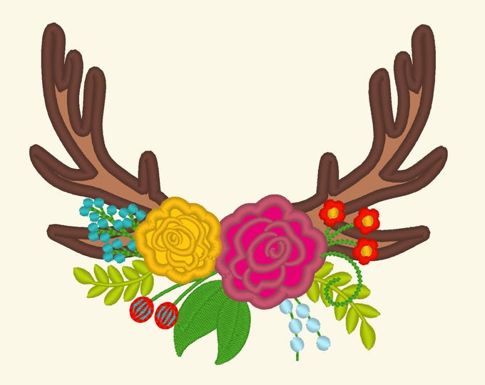Antlers with flowers, buck deer antler shabby chic flowers Machine embroidery applique designs - 4, 5, 6, 7, 8  9 inches INSTANT DOWNLOAD