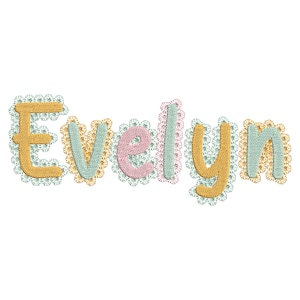 May include: The name "Evelyn" is displayed in a whimsical, embroidered style. Each letter is a different color: gold, teal, pink, gold, and teal. The letters are outlined with a floral lace design, creating a decorative effect.